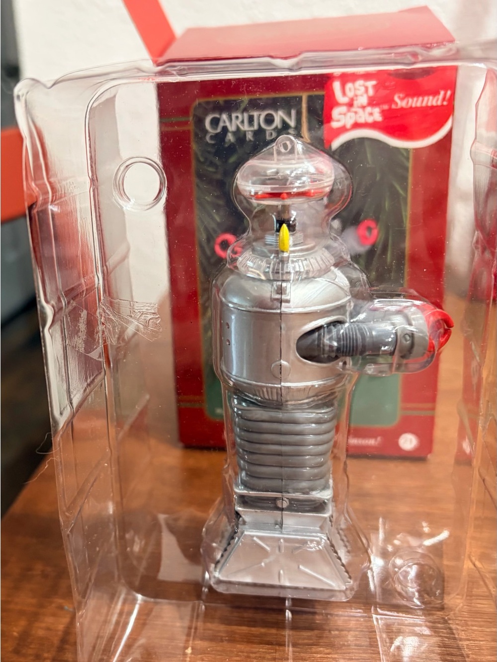 Vintage Lost In Space talking Robot Ornament with Red and Yellow Accents